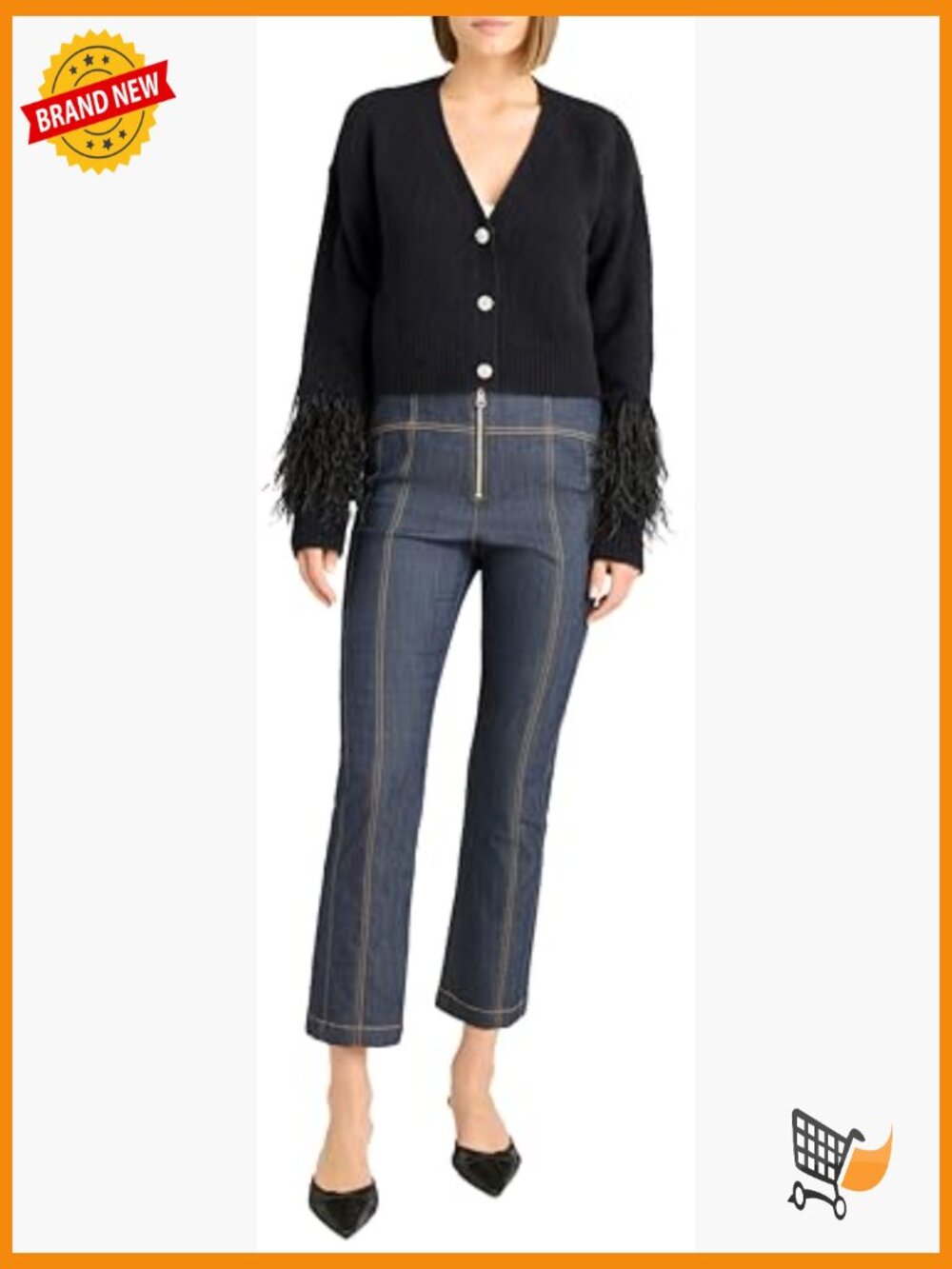 Cropped Cardigan with Feather Trim Long Sleeve Dry Clean Only - Picture 2 of 5